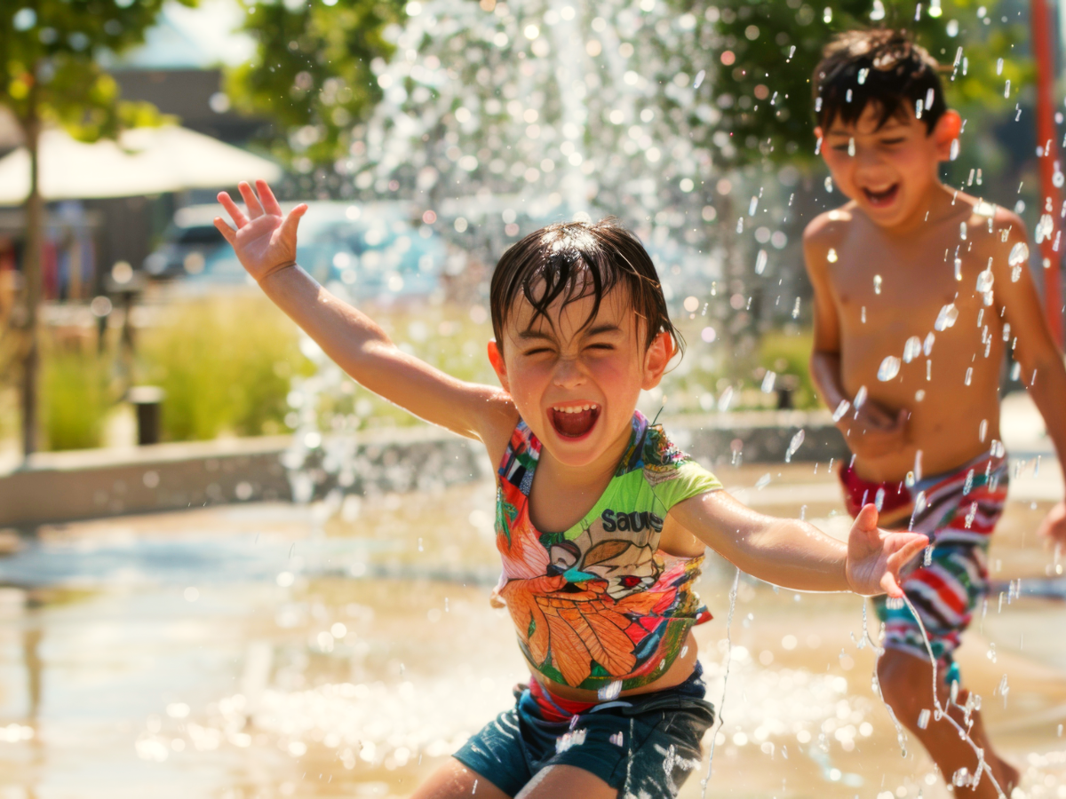 Boys playing at a summer splash pad.