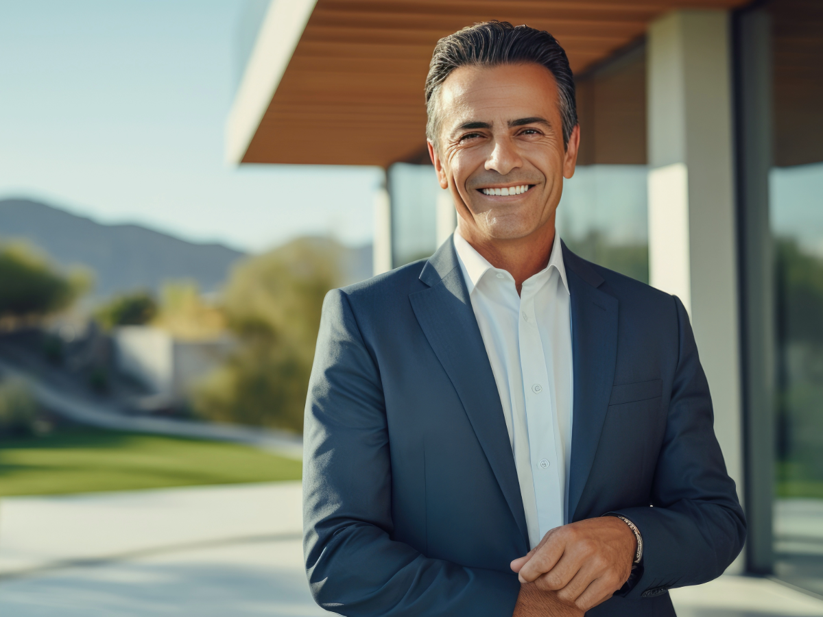 Male Realtor standing in front of Modern home.