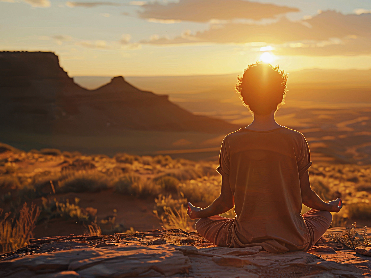 Person sitting in lotus position with back to camera looking out on rocky mesas.