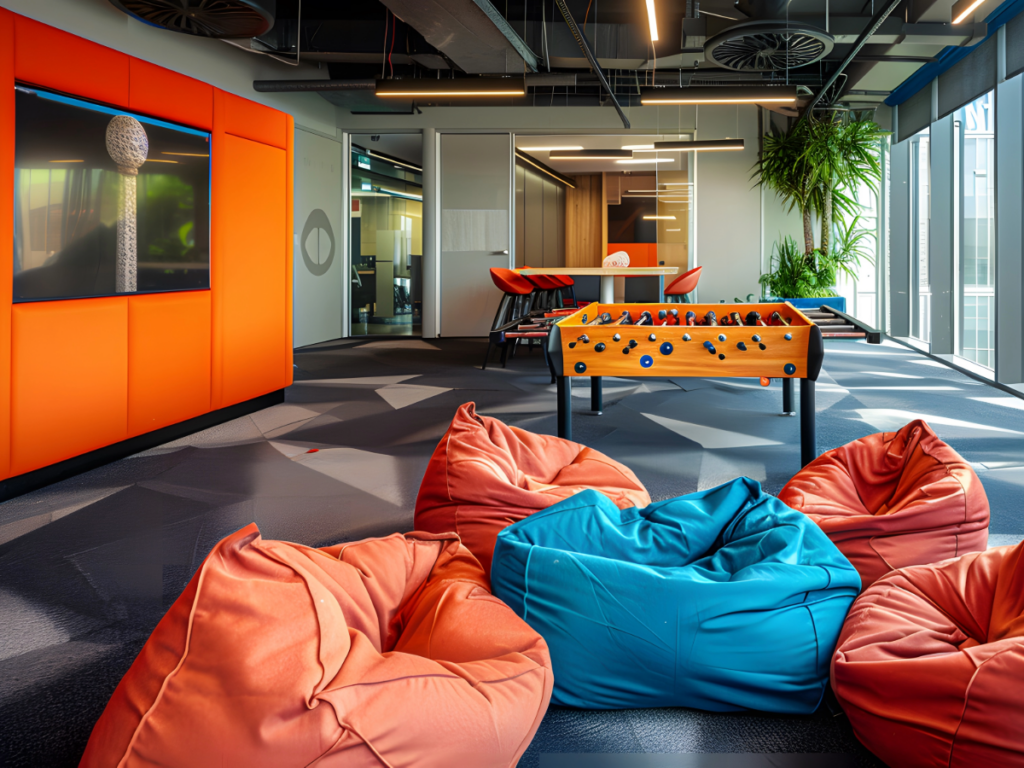 Big open orang office area with orange feature wall, bean bag chairs, and foosball tables.