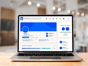 Laptop computer with blank LinkedIn page on screen.