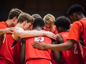 High School boys basketball team in a huddle for article Tucson Newcomers: 7 Great High Schools for Athletes.