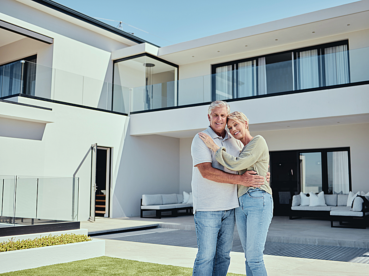 Senior couple embracing in front of home for article Retiring in Tucson: 9 Best Places.