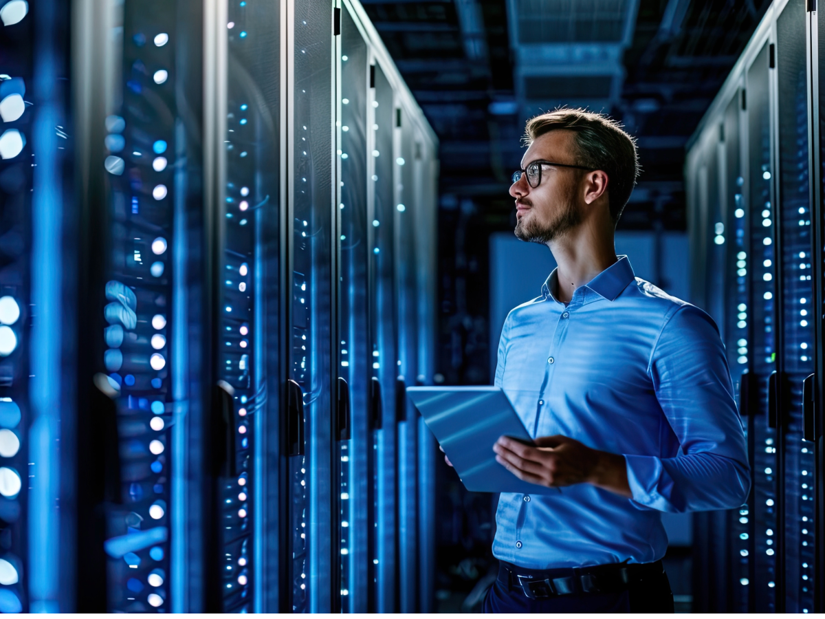 Man holding tablet standing in server room for technology company for article 10 Leading Technology Companies in Tucson for newcomers moving to Tucson.