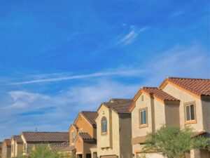 Side view of suburbs houses with clay roof tiles at Tucson, Arizona for article Side view of suburbs houses with clay roof tiles at Tucson, Arizona